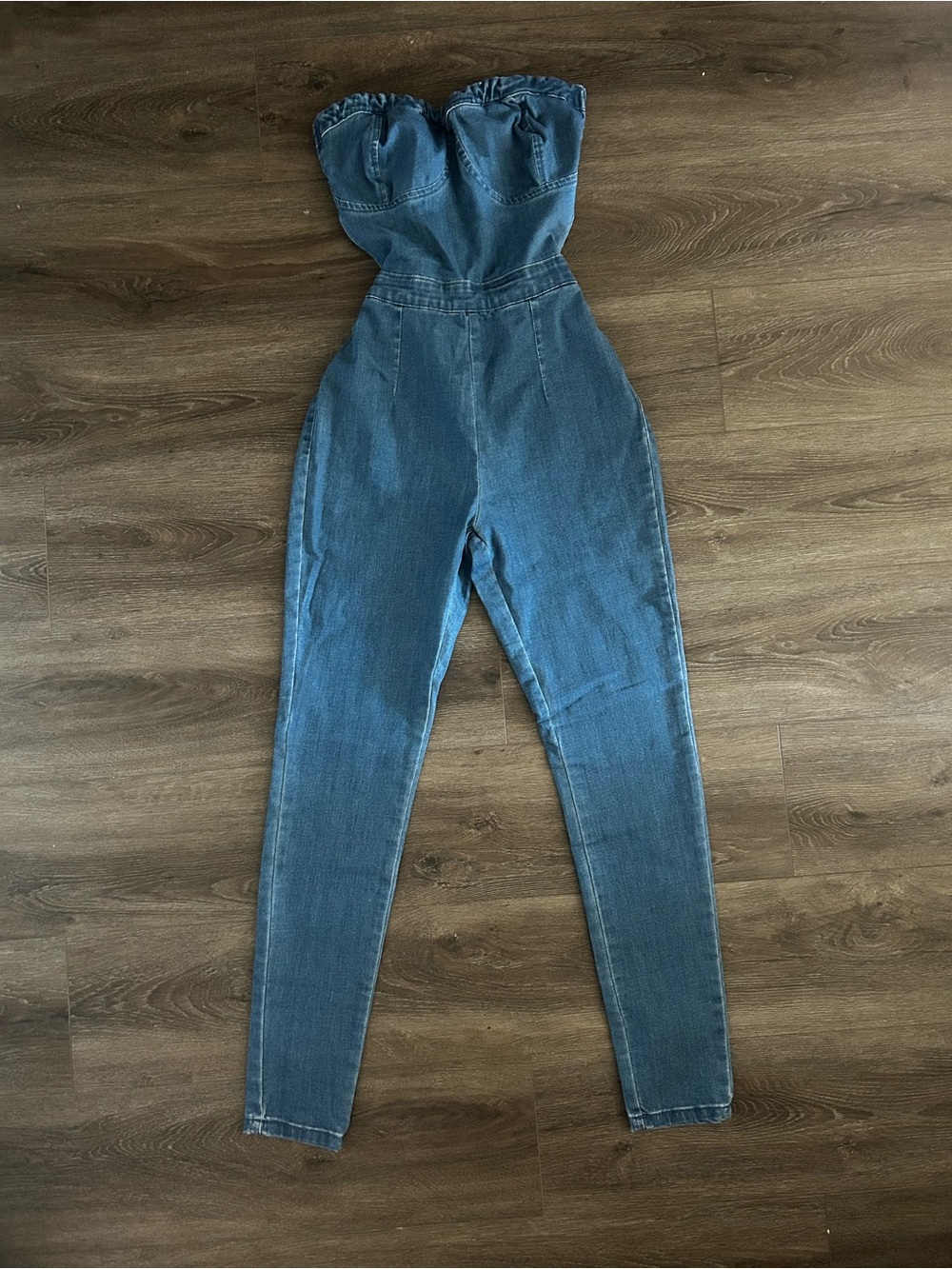PrettyLittleThing Strapless Blue Denim Jumpsuit